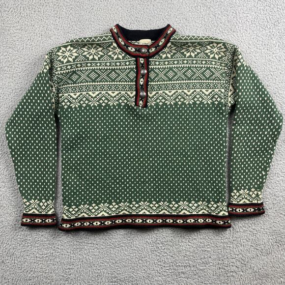 LL Bean Sweater Womens Medium Green Merino Wool Nordic Fair Isle Henley Pullover - Picture 1 of 8